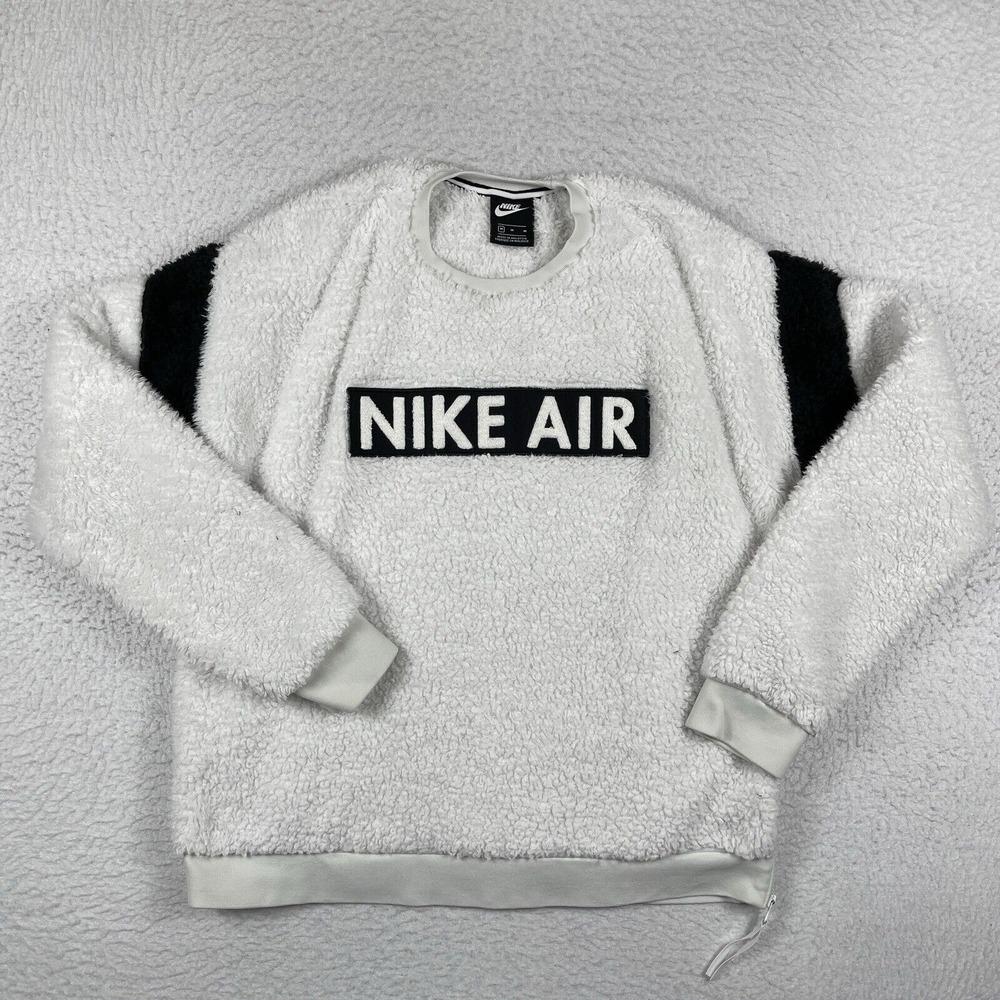 Nike Air Sweater Mens Medium White Black Sherpa Crew Teddy Pullover Casual